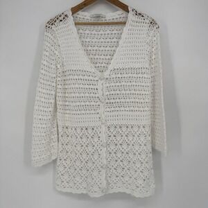 Liz‎ Claiborne Women's Crochet Sweater White Cardigan 3/4 Sleeve Cottage Large